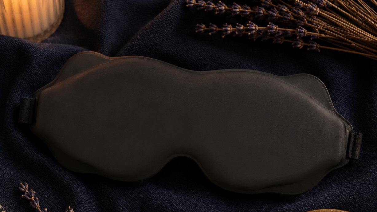 Masque de nuit Noctelia noir, flat-lay sur tissu nuit avec lavande et carte rest restore reset